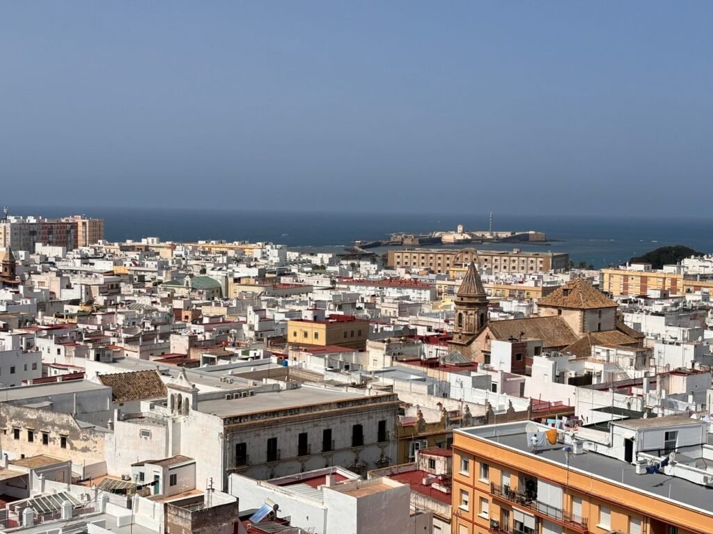Aerial view of Cádiz, Spain, showcasing its historic architecture and coastal scenery.